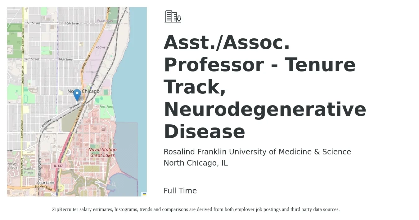 Rosalind Franklin University of Medicine & Science job posting for a Asst./Assoc. Professor - Tenure Track, Neurodegenerative Disease in North Chicago, IL with a salary of $57,700 to $87,500 Yearly with a map of North Chicago location.