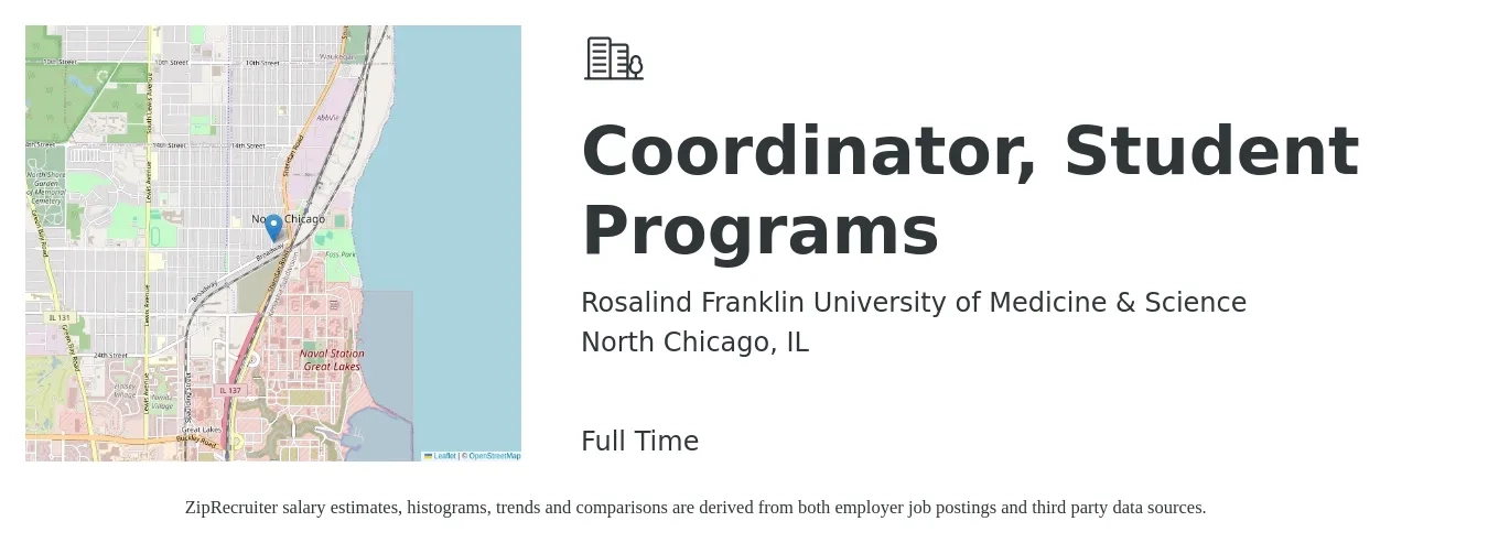 Rosalind Franklin University of Medicine & Science job posting for a Coordinator, Student Programs in North Chicago, IL with a salary of $39,400 to $55,300 Yearly with a map of North Chicago location.