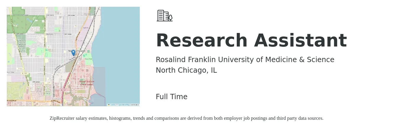 Rosalind Franklin University of Medicine & Science job posting for a Research Assistant in North Chicago, IL with a salary of $18 to $26 Hourly with a map of North Chicago location.