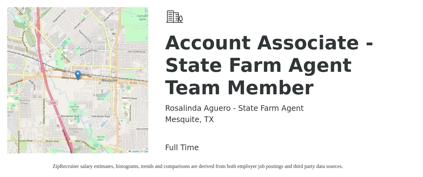 Rosalinda Aguero - State Farm Agent job posting for a Account Associate - State Farm Agent Team Member in Mesquite, TX with a salary of $43,300 to $58,800 Yearly with a map of Mesquite location.