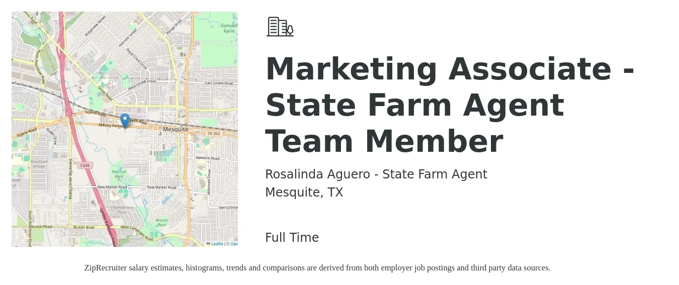 Rosalinda Aguero - State Farm Agent job posting for a Marketing Associate - State Farm Agent Team Member in Mesquite, TX with a salary of $38,300 to $52,900 Yearly with a map of Mesquite location.