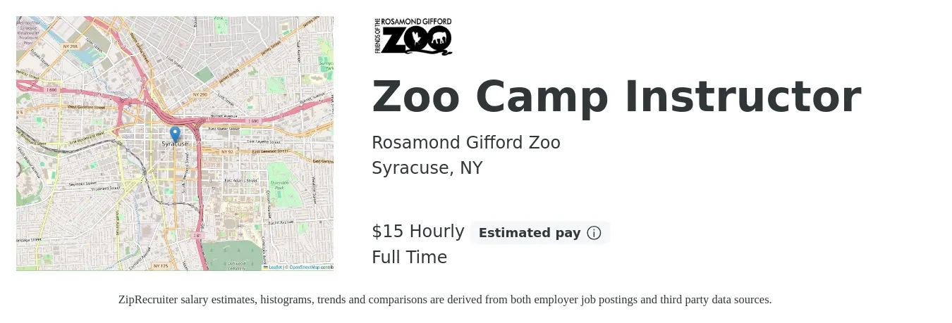 Rosamond Gifford Zoo job posting for a Zoo Camp Instructor in Syracuse, NY with a salary of $16 Hourly with a map of Syracuse location.