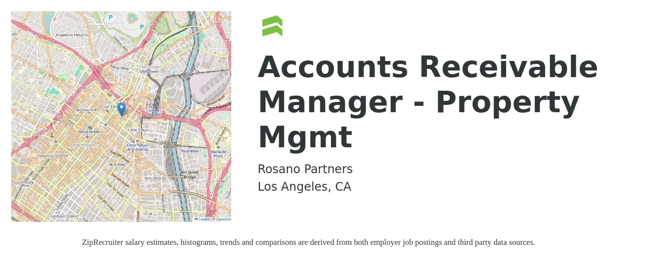 Rosano Partners job posting for a Accounts Receivable Manager - Property Mgmt in Los Angeles, CA with a salary of $64,100 to $94,300 Yearly with a map of Los Angeles location.