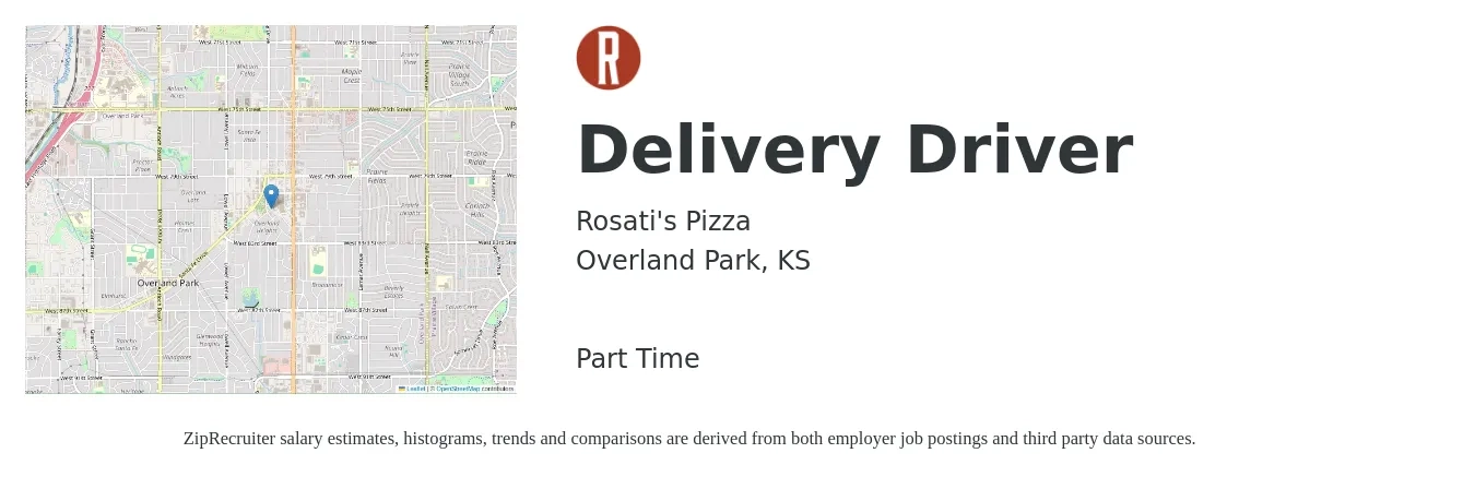 Rosati's Pizza job posting for a Delivery Driver in Overland Park, KS with a salary of $16 to $20 Hourly with a map of Overland Park location.
