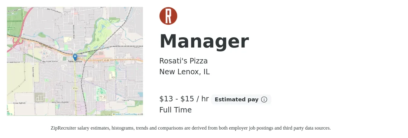 Rosati's Pizza job posting for a Manager in New Lenox, IL with a salary of $14 to $16 Hourly with a map of New Lenox location.