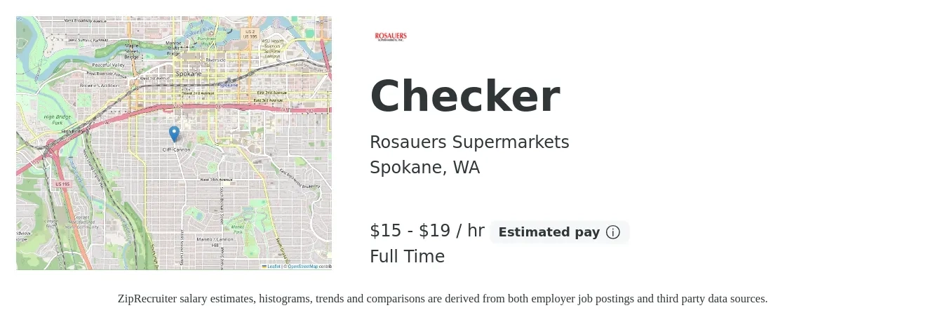 Rosauers Supermarkets job posting for a Checker in Spokane, WA with a salary of $16 to $20 Hourly with a map of Spokane location.
