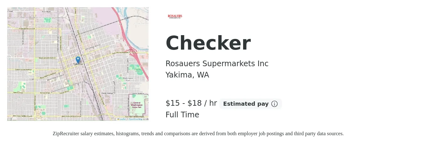 Rosauers Supermarkets job posting for a Checker in Yakima, WA with a salary of $16 to $19 Hourly with a map of Yakima location.