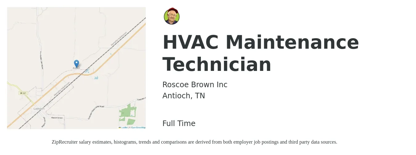Roscoe Brown Inc job posting for a HVAC Maintenance Technician in Antioch, TN with a salary of $20 to $25 Hourly with a map of Antioch location.