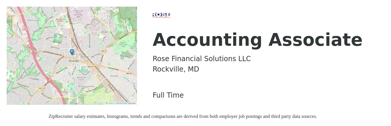 Rose Financial Solutions LLC job posting for a Accounting Associate in Rockville, MD with a salary of $22 to $30 Hourly with a map of Rockville location.