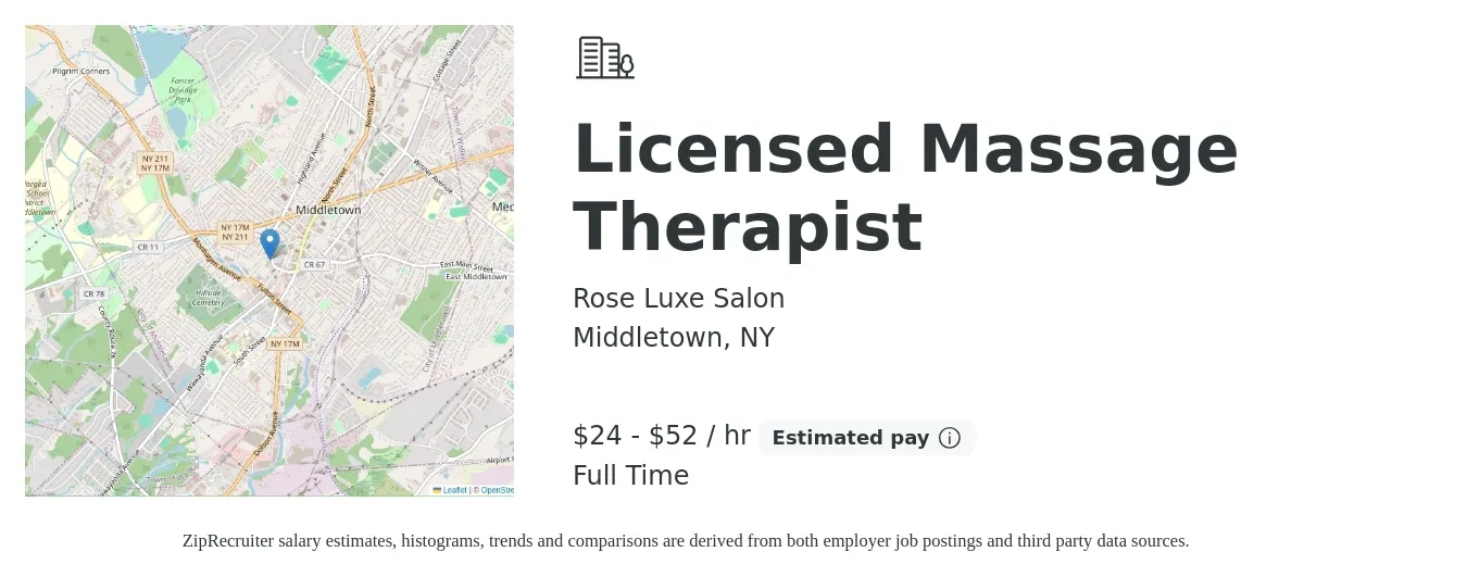 Rose Luxe Salon job posting for a Licensed Massage Therapist in Middletown, NY with a salary of $25 to $55 Hourly with a map of Middletown location.