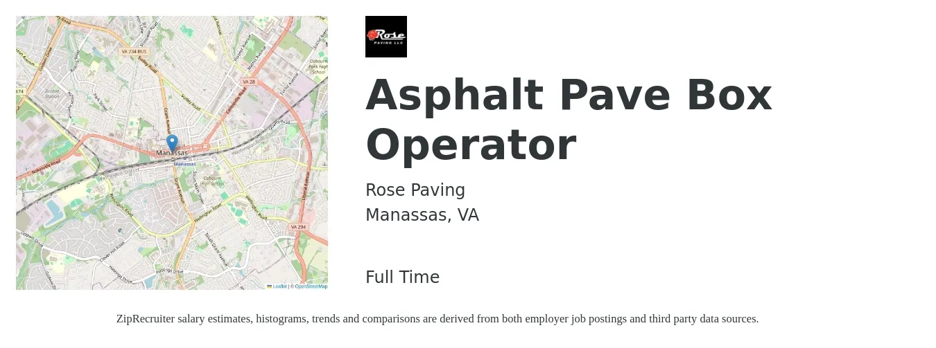 Rose Paving job posting for a Asphalt Pave Box Operator in Manassas, VA with a salary of $20 to $27 Hourly with a map of Manassas location.