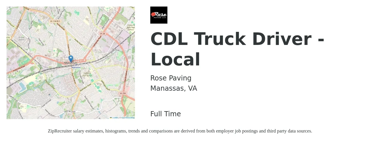 Rose Paving job posting for a CDL Truck Driver - Local in Manassas, VA with a salary of $1,150 to $1,690 Weekly with a map of Manassas location.