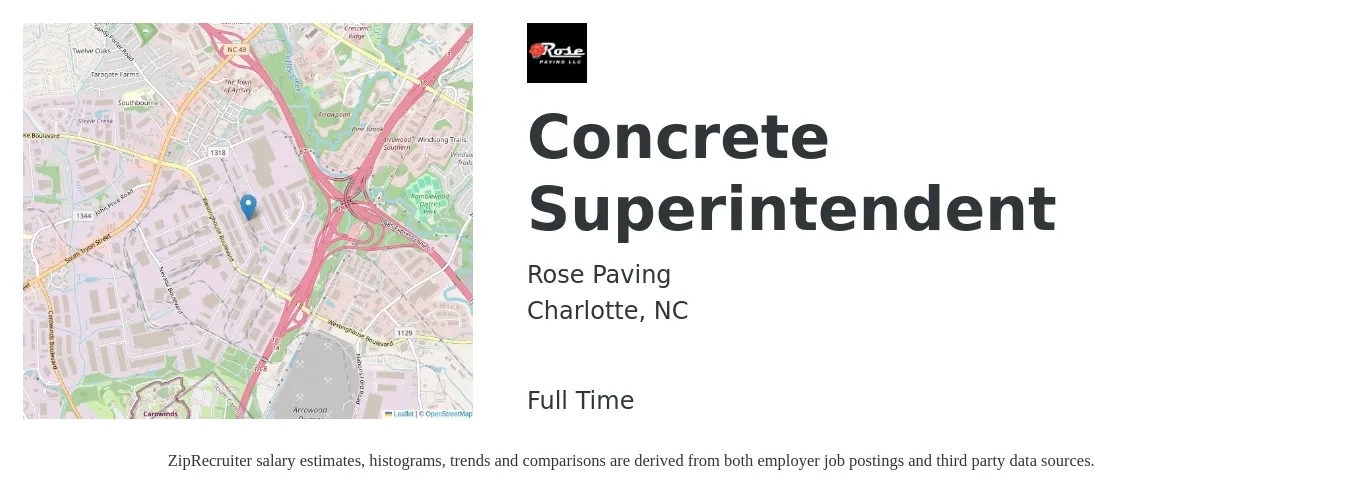 Rose Paving job posting for a Concrete Superintendent in Charlotte, NC with a salary of $27 to $40 Hourly with a map of Charlotte location.
