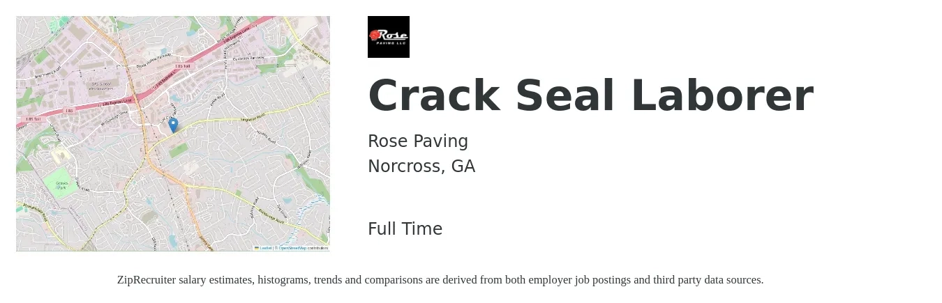 Rose Paving job posting for a Crack Seal Laborer in Norcross, GA with a salary of $15 to $19 Hourly with a map of Norcross location.