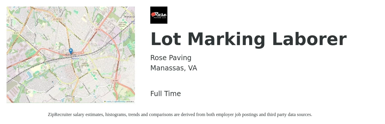 Rose Paving job posting for a Lot Marking Laborer in Manassas, VA with a salary of $15 to $19 Hourly with a map of Manassas location.