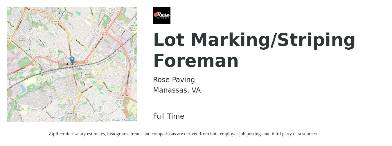 Rose Paving job posting for a Lot Marking/Striping Foreman in Manassas, VA with a salary of $23 to $32 Hourly with a map of Manassas location.