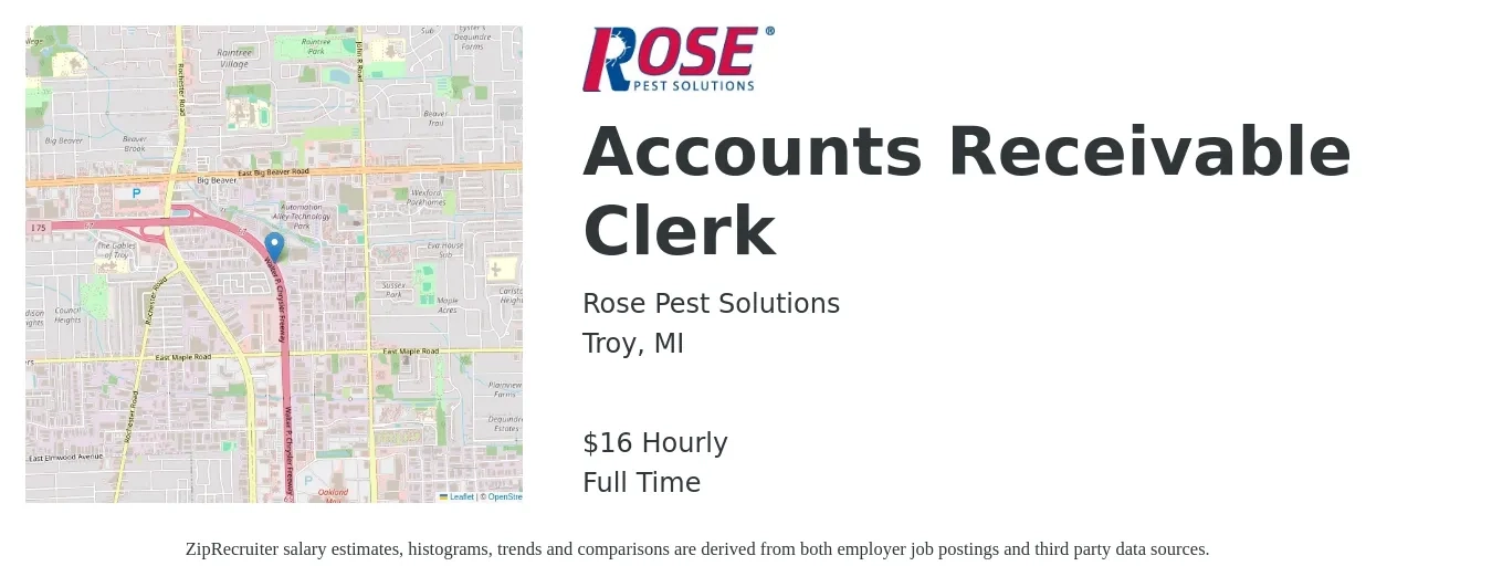 Rose Pest Solutions job posting for a Accounts Receivable Clerk in Troy, MI with a salary of $17 Hourly with a map of Troy location.