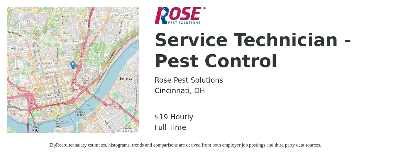Rose Pest Solutions job posting for a Service Technician - Pest Control in Cincinnati, OH with a salary of $20 Hourly with a map of Cincinnati location.