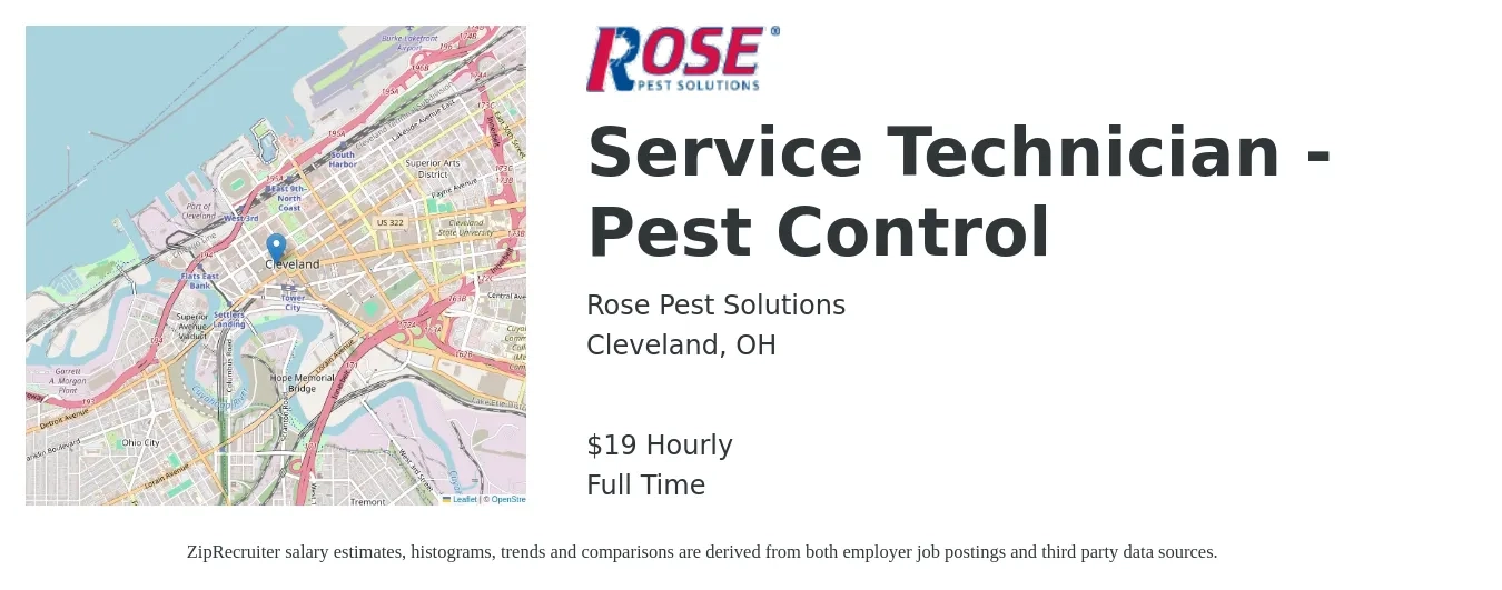 Rose Pest Solutions job posting for a Service Technician - Pest Control in Cleveland, OH with a salary of $20 Hourly with a map of Cleveland location.