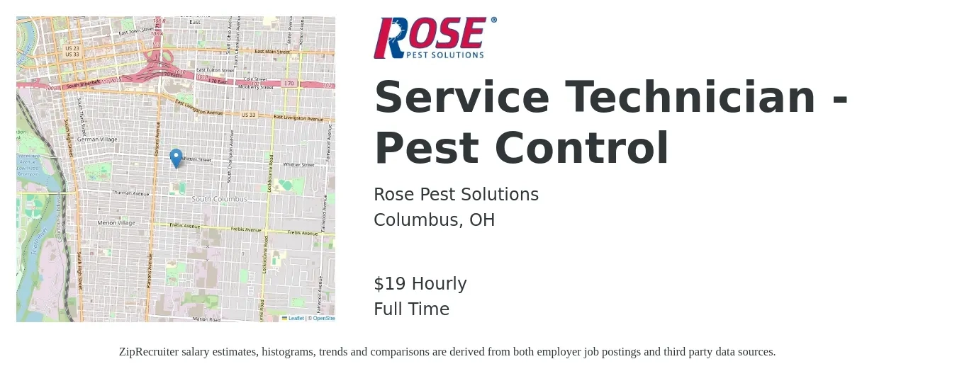 Rose Pest Solutions job posting for a Service Technician - Pest Control in Columbus, OH with a salary of $20 Hourly with a map of Columbus location.