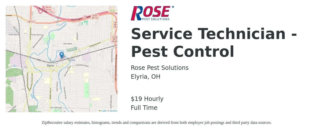 Rose Pest Solutions job posting for a Service Technician - Pest Control in Elyria, OH with a salary of $20 Hourly with a map of Elyria location.