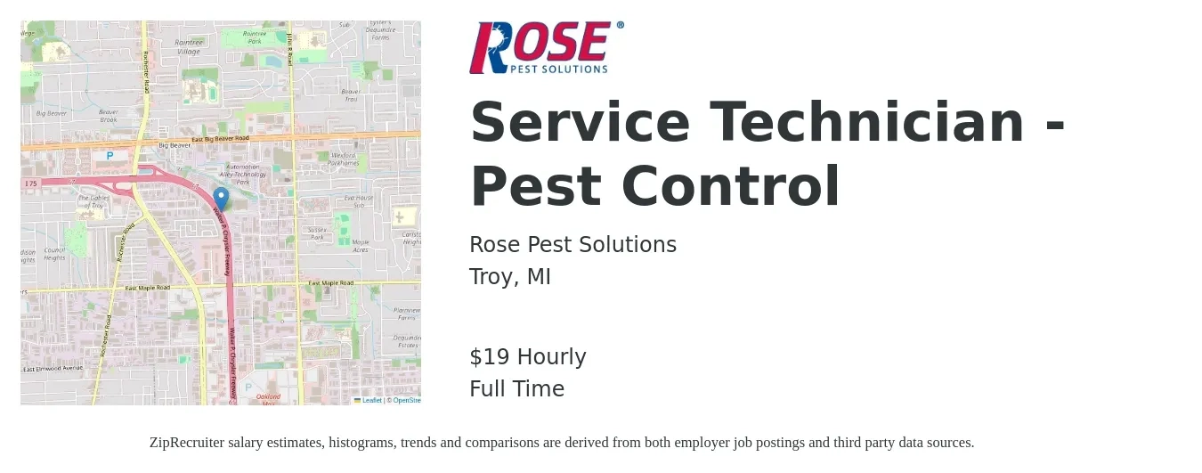 Rose Pest Solutions job posting for a Service Technician - Pest Control in Troy, MI with a salary of $20 Hourly with a map of Troy location.
