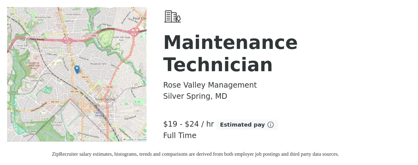 Rose Valley Management job posting for a Maintenance Technician in Silver Spring, MD with a salary of $20 to $25 Hourly with a map of Silver Spring location.