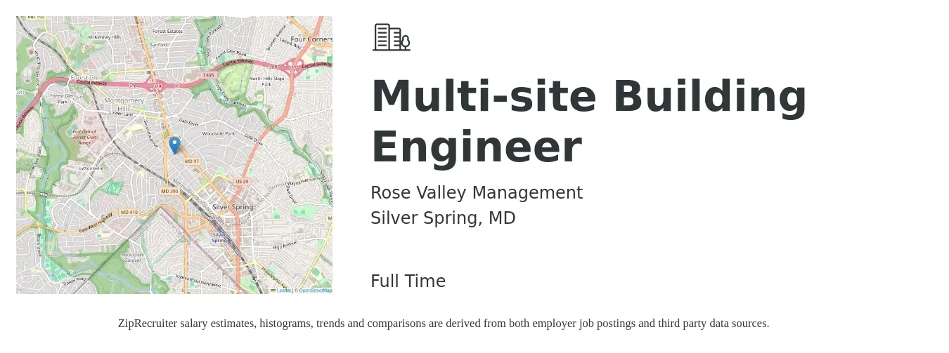 Rose Valley Management job posting for a Multi-site Building Engineer in Silver Spring, MD with a salary of $28 to $39 Hourly and benefits including retirement, vision, dental, life_insurance, and medical with a map of Silver Spring location.