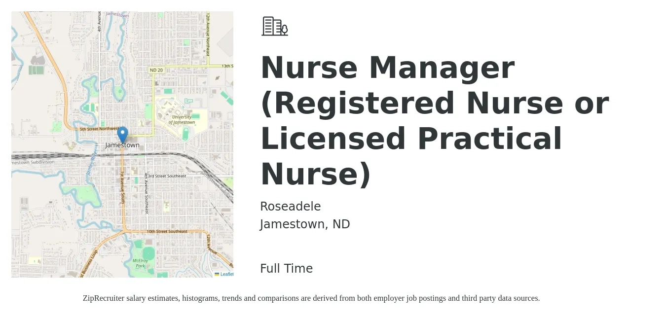 Roseadele job posting for a Nurse Manager (Registered Nurse or Licensed Practical Nurse) in Jamestown, ND with a salary of $40 to $58 Hourly with a map of Jamestown location.