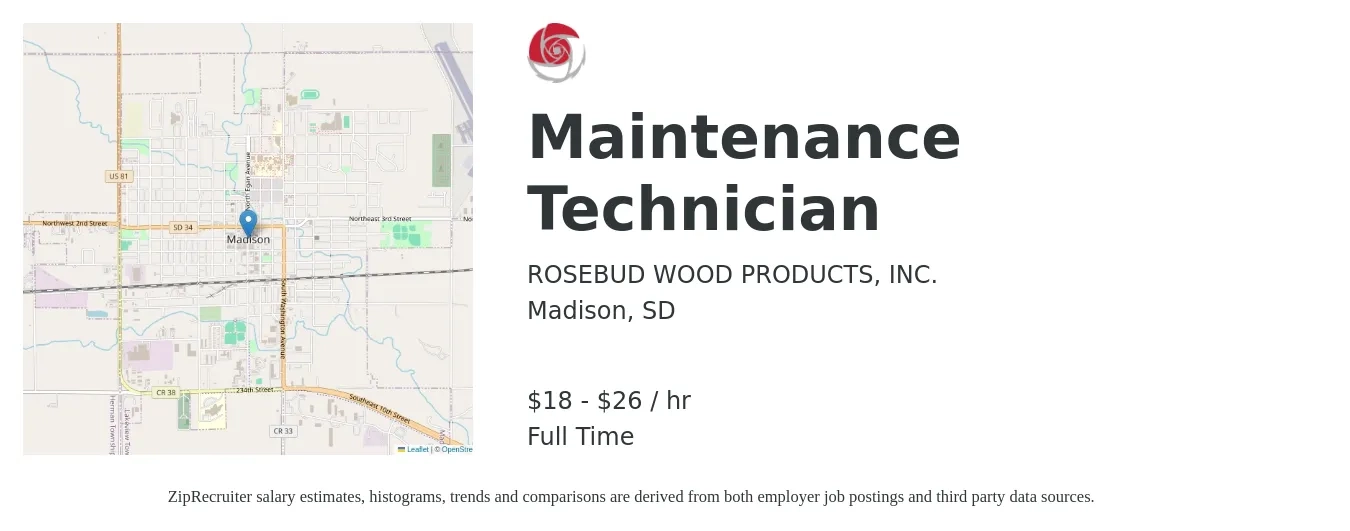 ROSEBUD WOOD PRODUCTS, INC. job posting for a Maintenance Technician in Madison, SD with a salary of $19 to $28 Hourly with a map of Madison location.