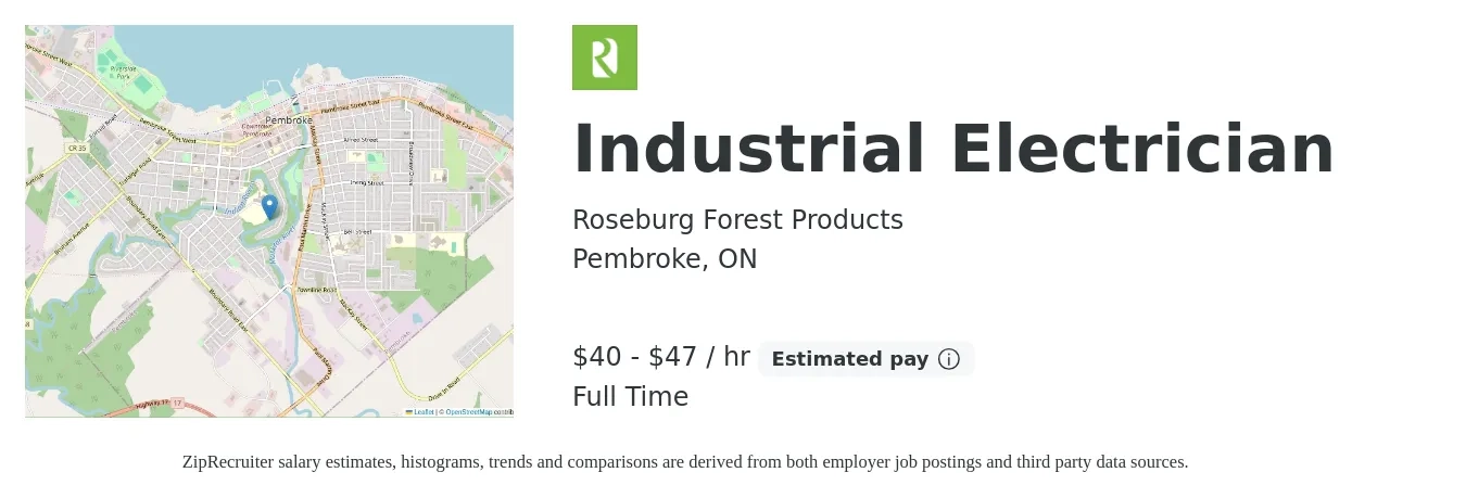 Roseburg Forest Products job posting for a Industrial Electrician in Pembroke, ON with a salary of $42 to $50 Hourly with a map of Pembroke location.