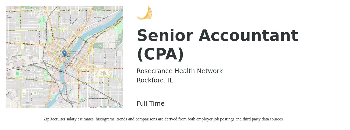 Rosecrance Health Network job posting for a Senior Accountant (CPA) in Rockford, IL with a salary of $66,500 to $83,600 Yearly with a map of Rockford location.