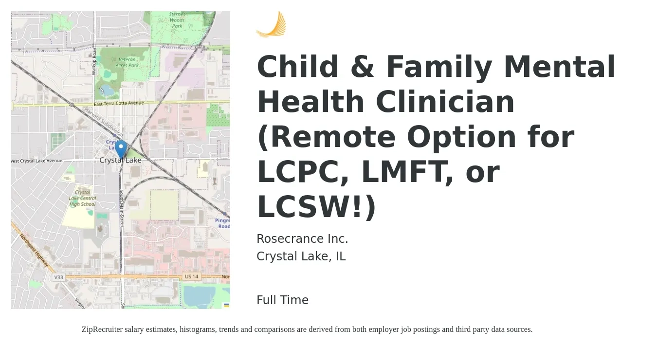 Rosecrance Inc. job posting for a Child & Family Mental Health Clinician (Remote Option for LCPC, LMFT, or LCSW!) in Crystal Lake, IL with a salary of $58,200 to $81,000 Yearly with a map of Crystal Lake location.
