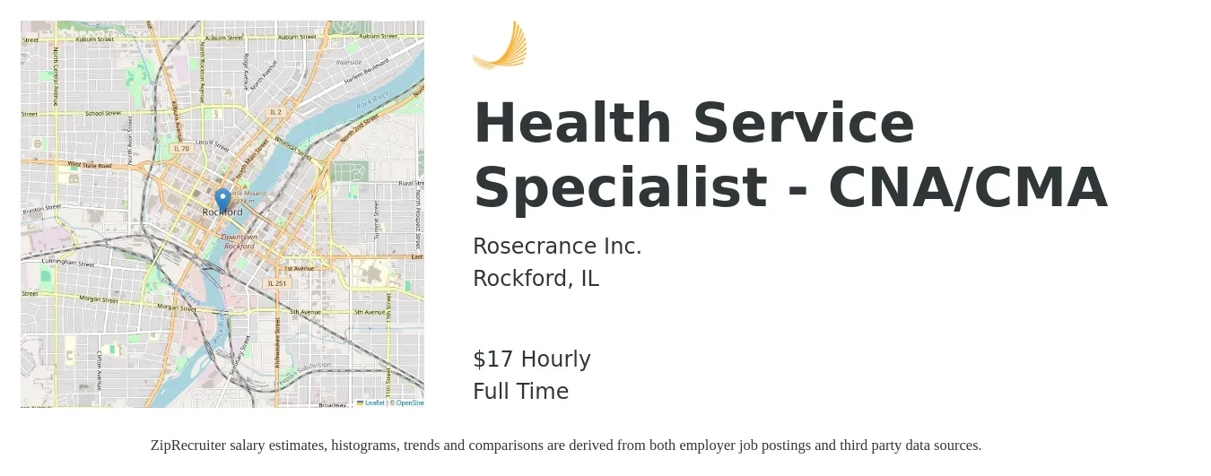 Rosecrance Inc. job posting for a Health Service Specialist - CNA/CMA in Rockford, IL with a salary of $18 Hourly with a map of Rockford location.