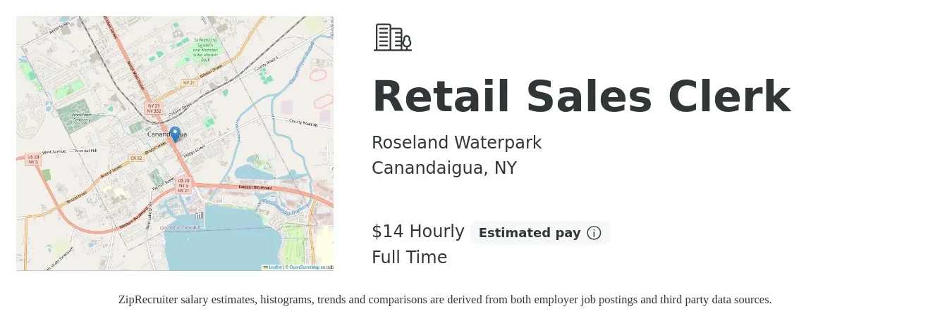 Roseland Waterpark job posting for a Retail Sales Clerk in Canandaigua, NY with a salary of $15 Hourly with a map of Canandaigua location.