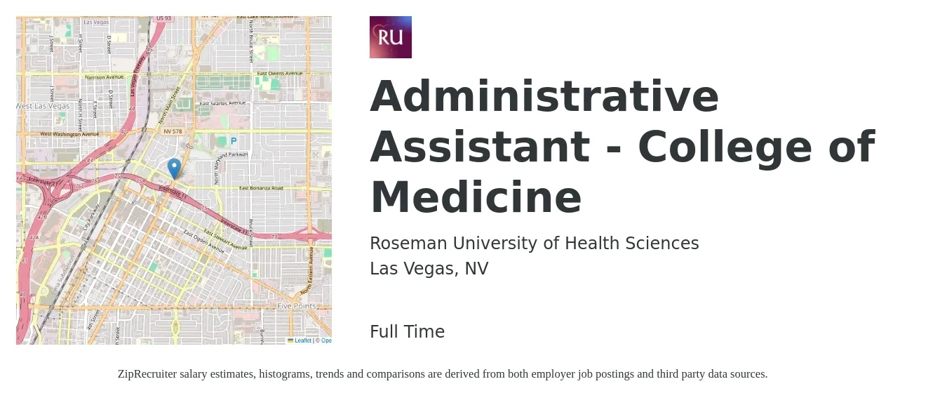 Roseman University of Health Sciences job posting for a Administrative Assistant - College of Medicine in Las Vegas, NV with a salary of $17 to $23 Hourly with a map of Las Vegas location.