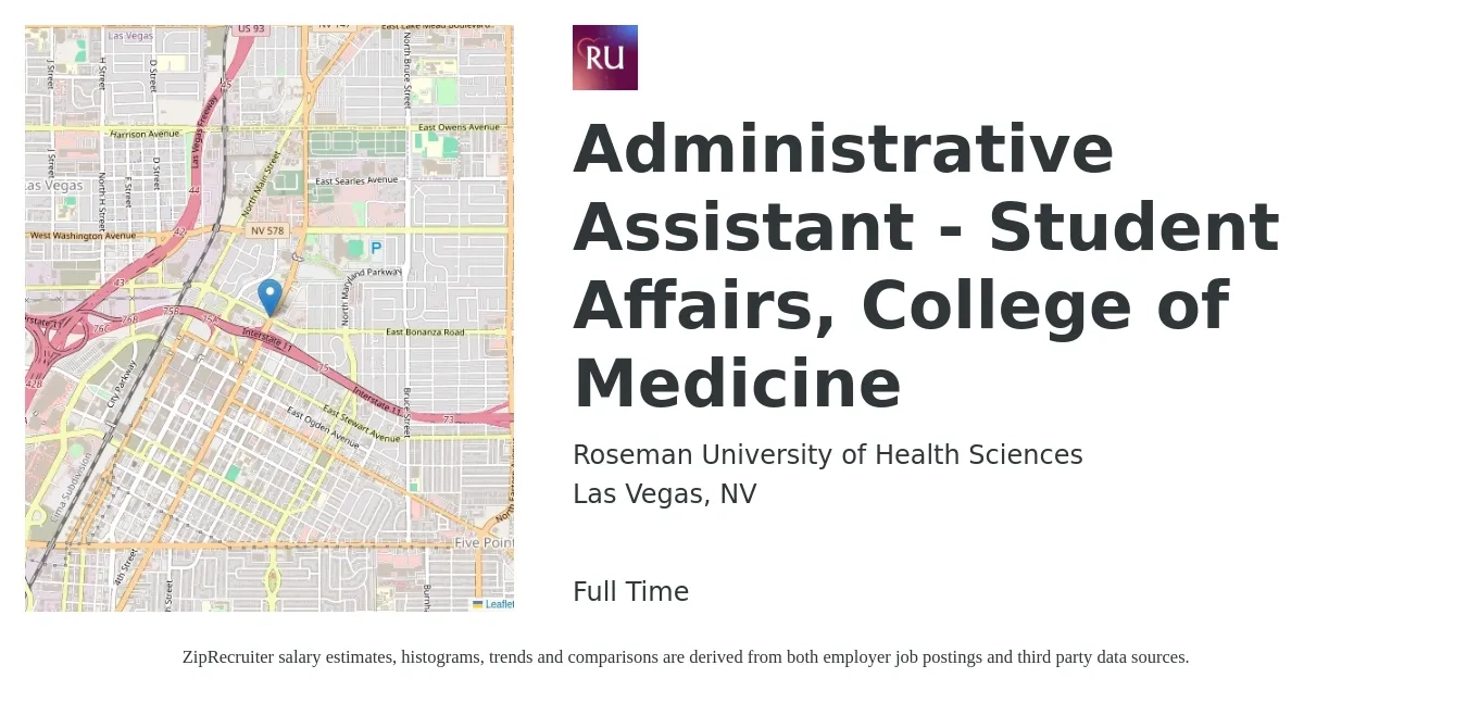 Roseman University of Health Sciences job posting for a Administrative Assistant - Student Affairs, College of Medicine in Las Vegas, NV with a salary of $17 to $23 Hourly with a map of Las Vegas location.