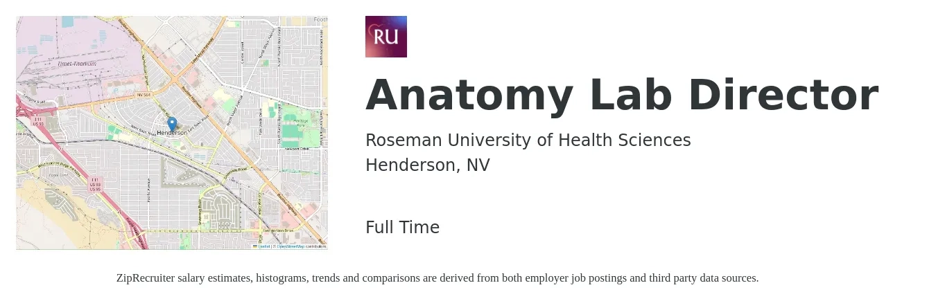 Roseman University of Health Sciences job posting for a Anatomy Lab Director in Henderson, NV with a salary of $98,700 to $129,000 Yearly with a map of Henderson location.