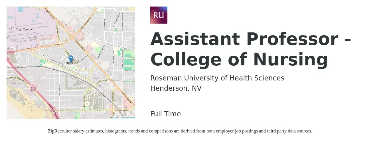 Roseman University of Health Sciences job posting for a Assistant Professor - College of Nursing in Henderson, NV with a salary of $56,800 to $74,000 Yearly with a map of Henderson location.