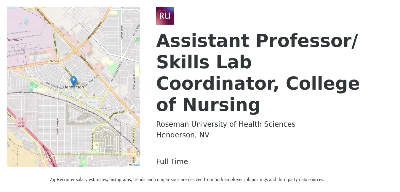 Roseman University of Health Sciences job posting for a Assistant Professor/ Skills Lab Coordinator, College of Nursing in Henderson, NV with a salary of $55,900 to $69,800 Yearly with a map of Henderson location.