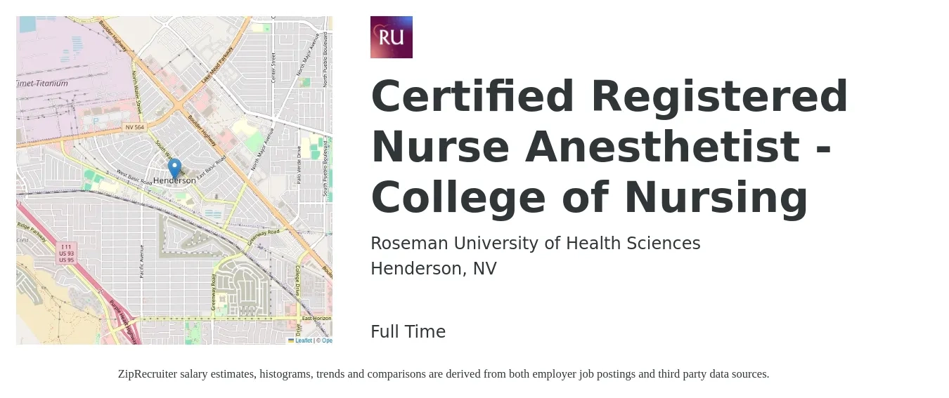 Roseman University of Health Sciences job posting for a Certified Registered Nurse Anesthetist - College of Nursing in Henderson, NV with a salary of $89 to $162 Hourly with a map of Henderson location.