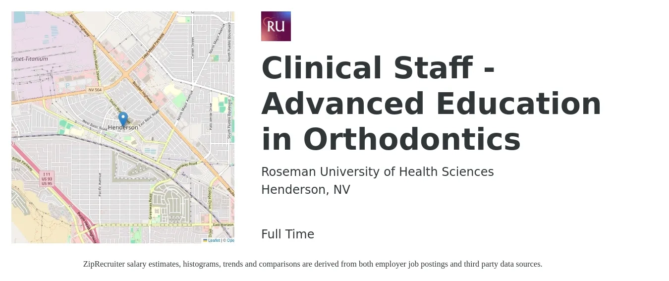 Roseman University of Health Sciences job posting for a Clinical Staff - Advanced Education in Orthodontics in Henderson, NV with a salary of $14 to $24 Hourly with a map of Henderson location.