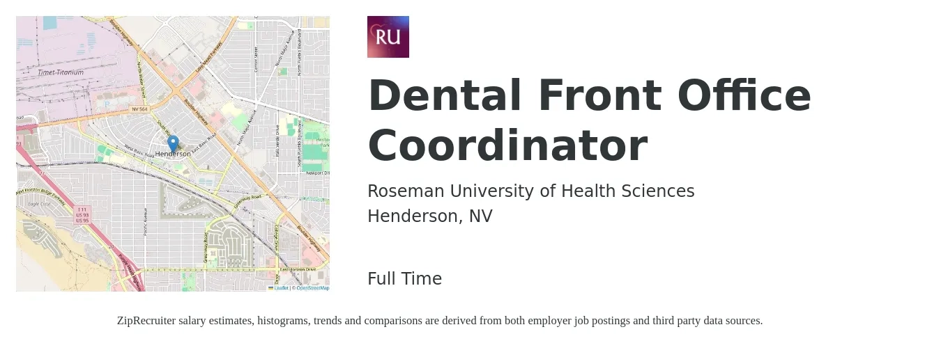 Roseman University of Health Sciences job posting for a Dental Front Office Coordinator in Henderson, NV with a salary of $15 to $20 Hourly with a map of Henderson location.