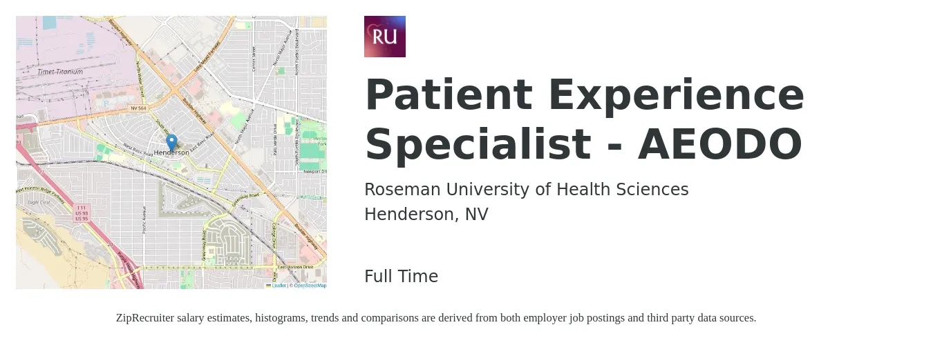 Roseman University of Health Sciences job posting for a Patient Experience Specialist - AEODO in Henderson, NV with a salary of $17 to $22 Hourly with a map of Henderson location.