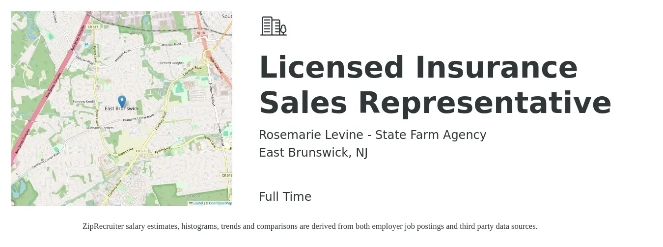 Rosemarie Levine - State Farm Agency job posting for a Licensed Insurance Sales Representative in East Brunswick, NJ with a salary of $44,800 to $111,000 Yearly with a map of East Brunswick location.