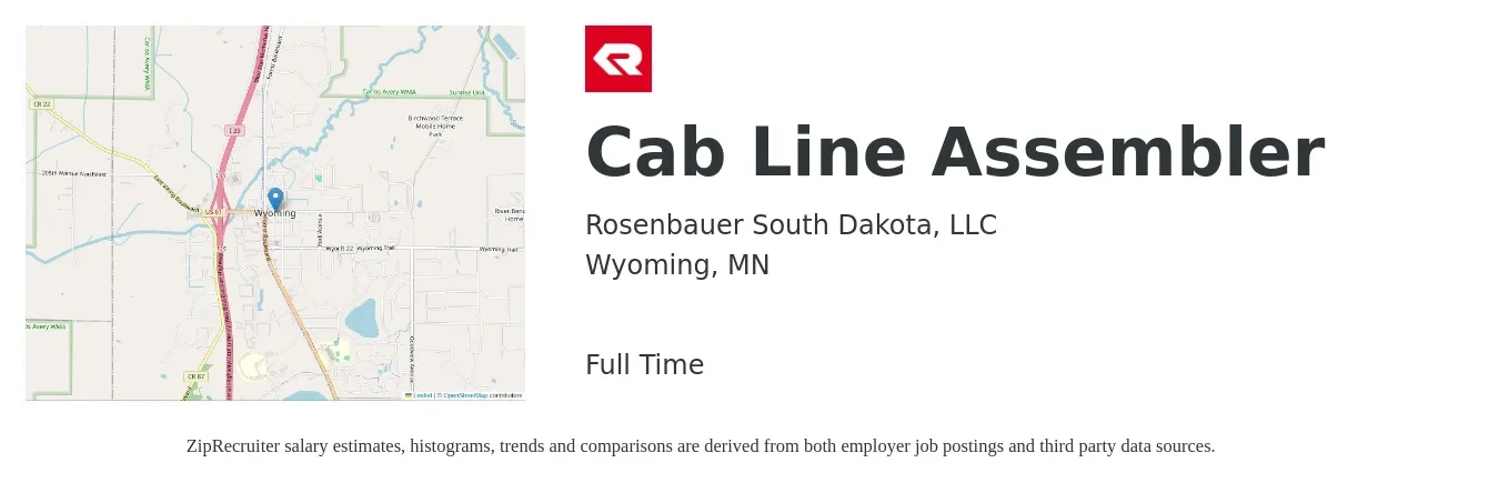 Rosenbauer South Dakota, LLC job posting for a Cab Line Assembler in Wyoming, MN with a salary of $16 to $19 Hourly with a map of Wyoming location.