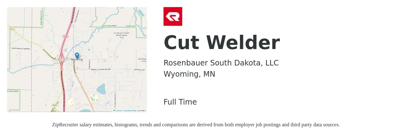 Rosenbauer South Dakota, LLC job posting for a Cut Welder in Wyoming, MN with a salary of $20 to $26 Hourly with a map of Wyoming location.
