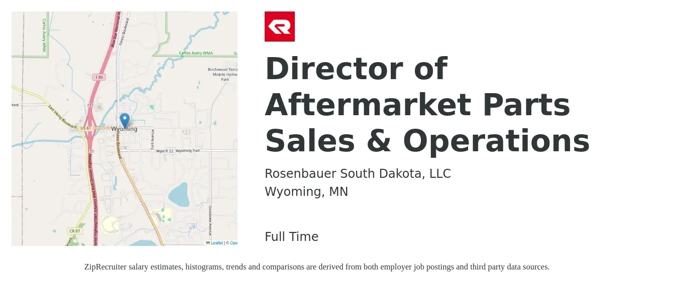 Rosenbauer South Dakota, LLC job posting for a Director of Aftermarket Parts Sales & Operations in Wyoming, MN with a salary of $93,900 to $163,400 Yearly with a map of Wyoming location.