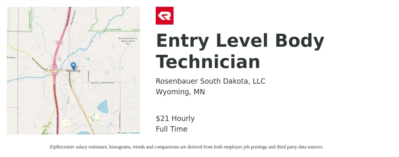 Rosenbauer South Dakota, LLC job posting for a Entry Level Body Technician in Wyoming, MN with a salary of $22 Hourly with a map of Wyoming location.