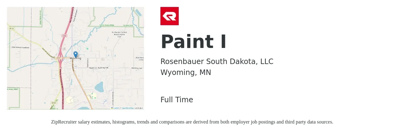 Rosenbauer South Dakota, LLC job posting for a Paint I in Wyoming, MN with a salary of $18 to $24 Hourly with a map of Wyoming location.